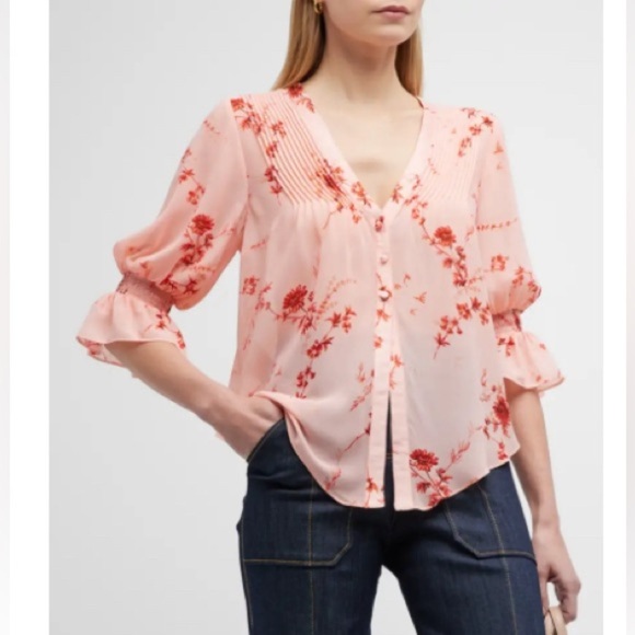 Cinq A Sept Jennings Floral Pintuck Button-Front Top S - Picture 1 of 7